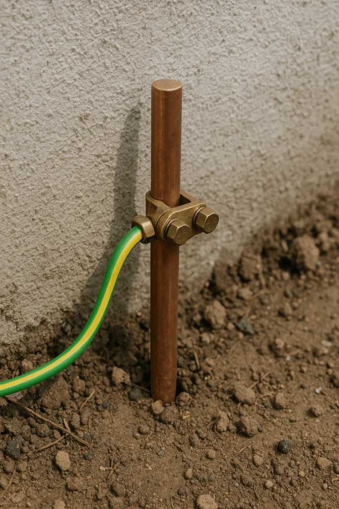 Haste de aterramento com conector e cabo verde e amarelo.