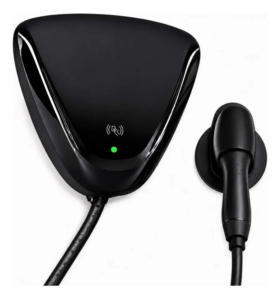 Carregador para veículo elétrico com cabo e conector.