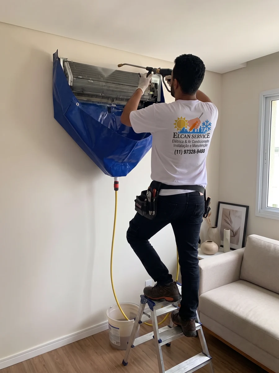 Técnico limpando a unidade interna de um ar-condicionado, com bolsa coletora ligada a um balde.