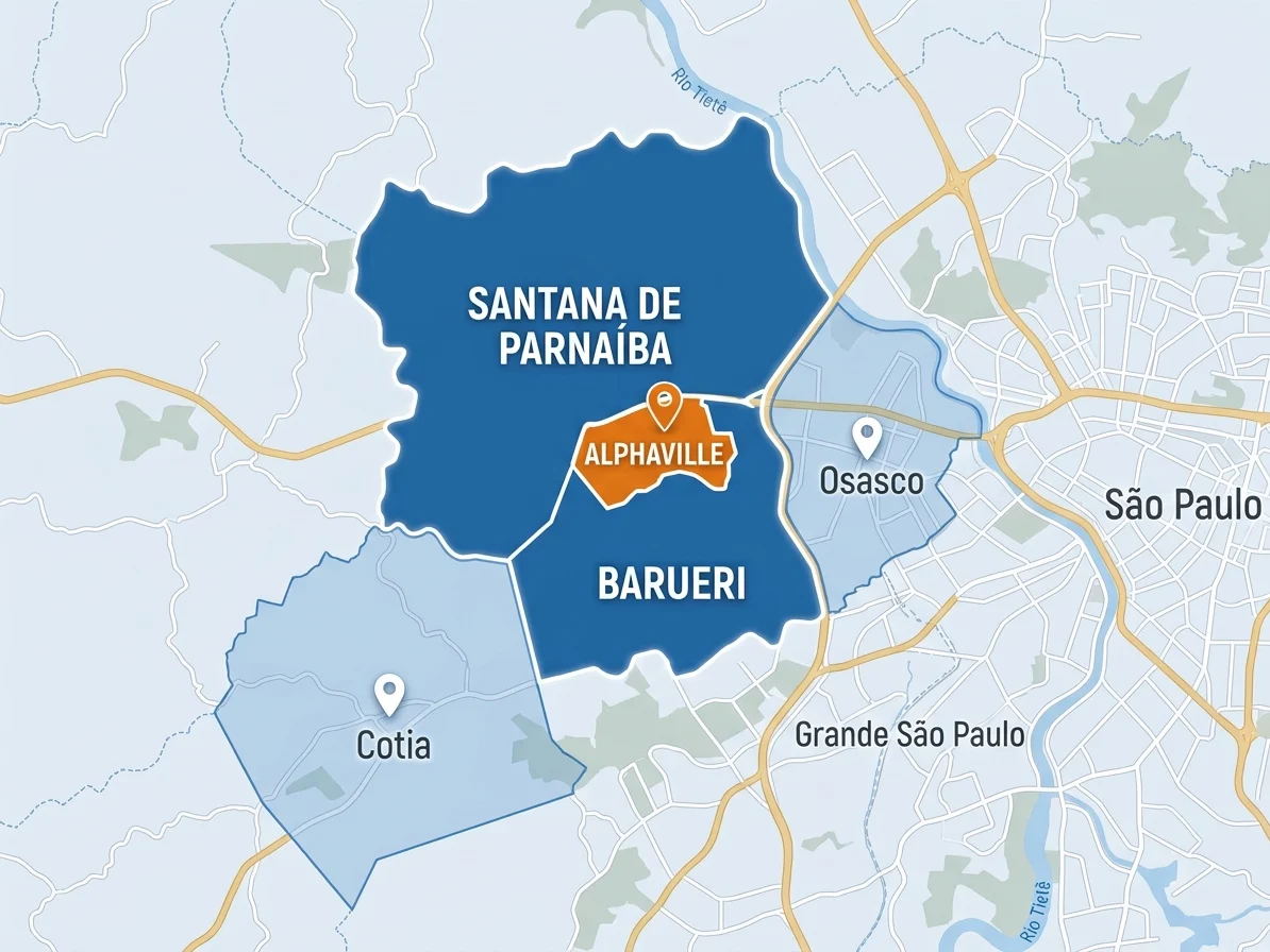 Mapa da área de atendimento: Barueri, Alphaville e Santana de Parnaíba em destaque; Osasco e Cotia em tom mais claro, como área de avaliação sob consulta